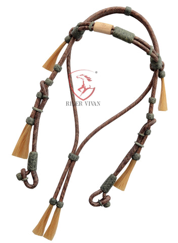Handcrafted Headstall, Chestnut Rawhide and Black Knotted Headstall, 16 Plaits Headstall, Mane Horse Hair Tassels Headstall.