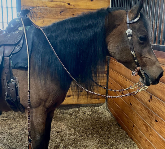 20 Plaits Romal Reins, Romal Reins Chestnut Cherry & Natural Rawhide, 55" Hand Braided Reins With Connectors, Sale For Only Romal Reins.