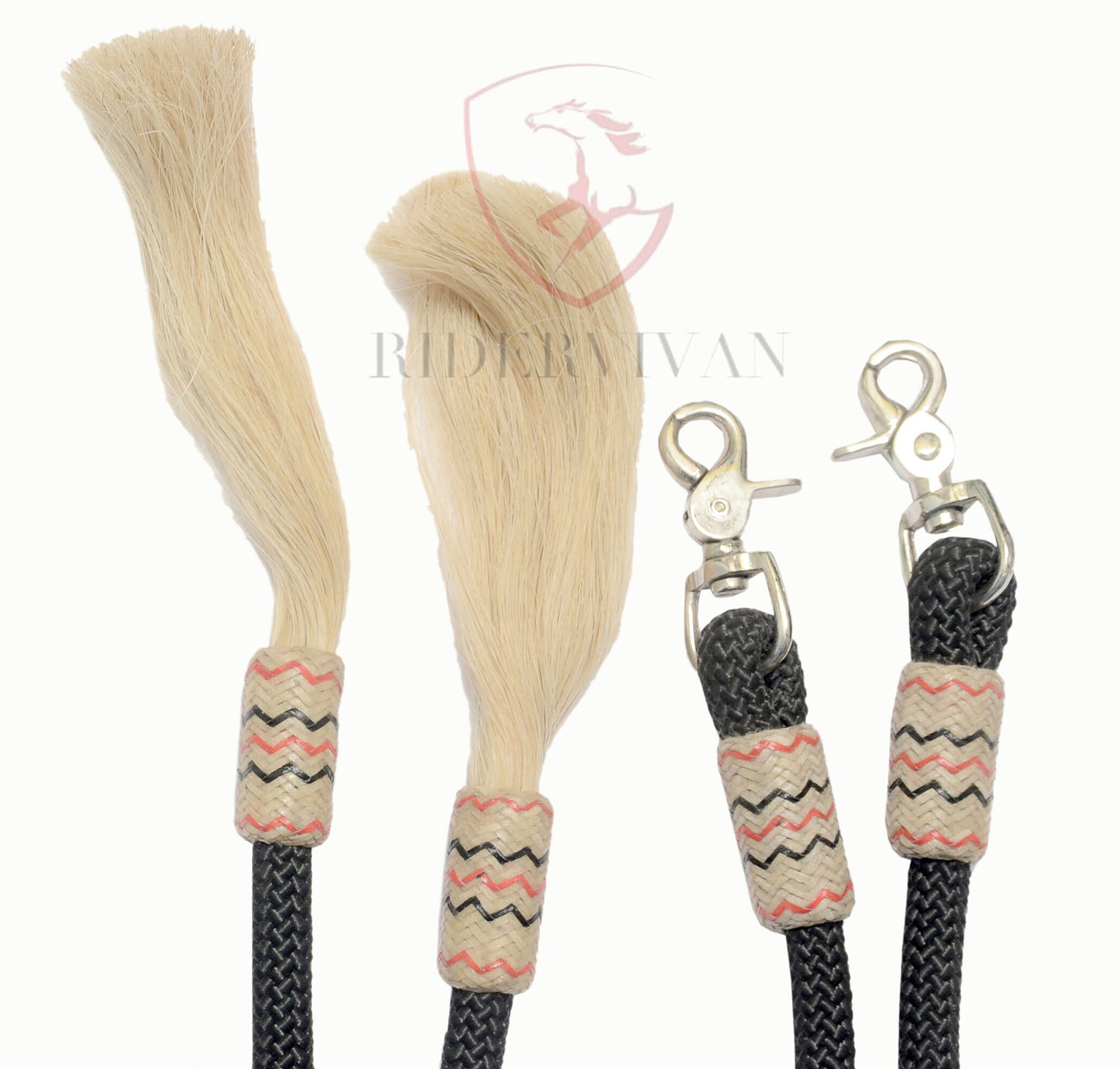 Nylon Split Reins With Knot, Black Polyester Split Reins with Snaps, Split Reins With Horse Hair Tassels.