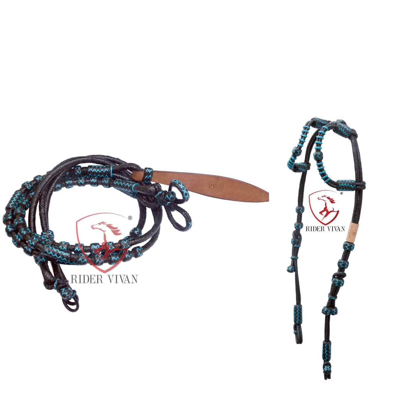 Black Rawhide Romal Reins With Two Ear Headstall, 20 Plaits Romel Reins, Romal Reins 55" With Two Ear Headstall, Hand-Braided Headstall.