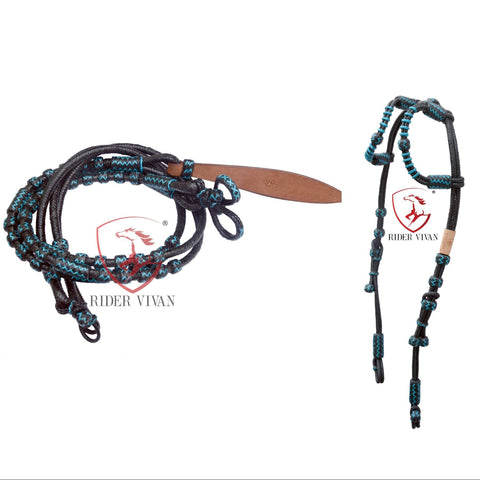 Black Rawhide Romal Reins With Two Ear Headstall, 20 Plaits Romel Reins, Romal Reins 55" With Two Ear Headstall, Hand-Braided Headstall.