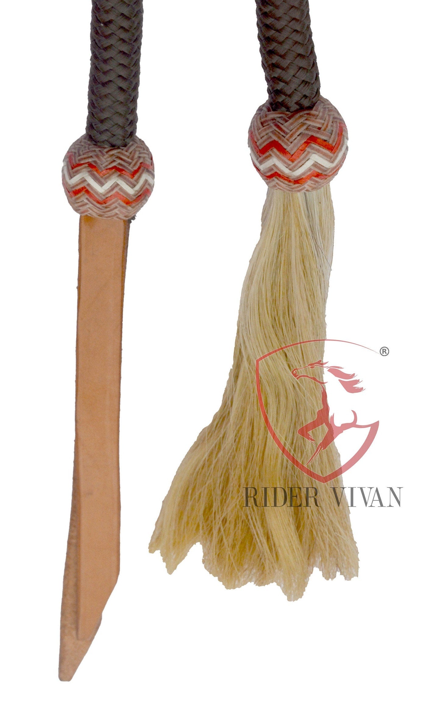 Handmade Bosal Set, 40 Plaits Rawhide Natural & Chestnut Cherry Bosal Set, Bosal Set With Brown Nylon Mecate Rein With Horse Hair Tassel.