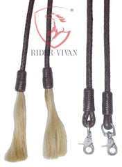 Horse Split Reins Soft Leather, Dark Chocolate Brown Split Reins, 8 Plaits Split Reins With Snaps and Tassels.
