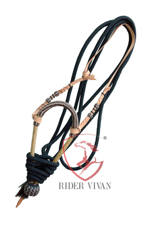 Handmade Bosal Set, 40 Plaits Rawhide Natural Bosal Set, Bosal Set Black Nylon Mecate Reins With Horse Hair Tassel.