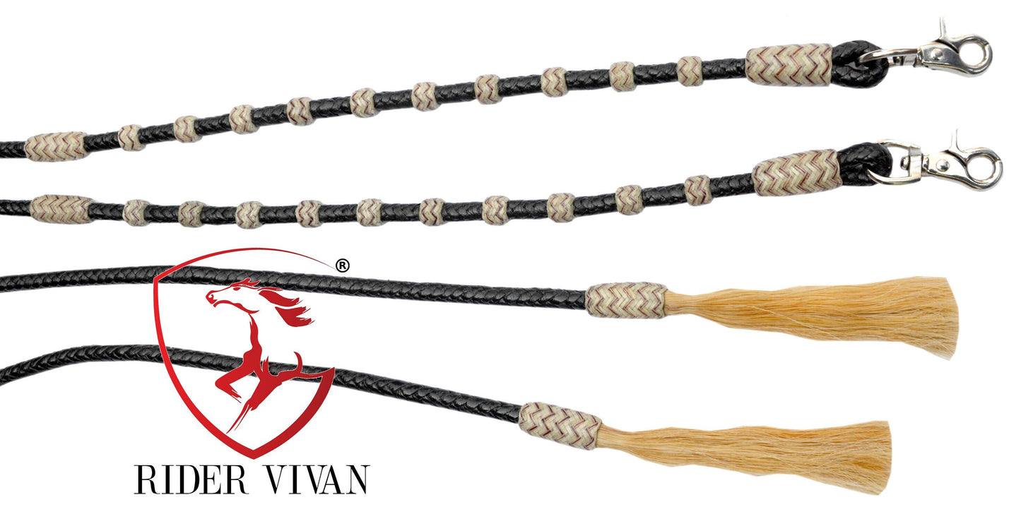 Split Reins Soft Leather, Dark Chocolate Brown & Natural Knot Split Reins, 8 Plaits Split Reins With Snaps and Tassels.