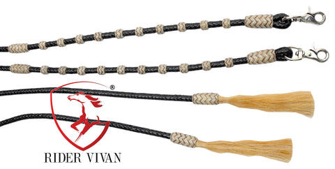 Split Reins Soft Leather, Dark Chocolate Brown & Natural Knot Split Reins, 8 Plaits Split Reins With Snaps and Tassels.