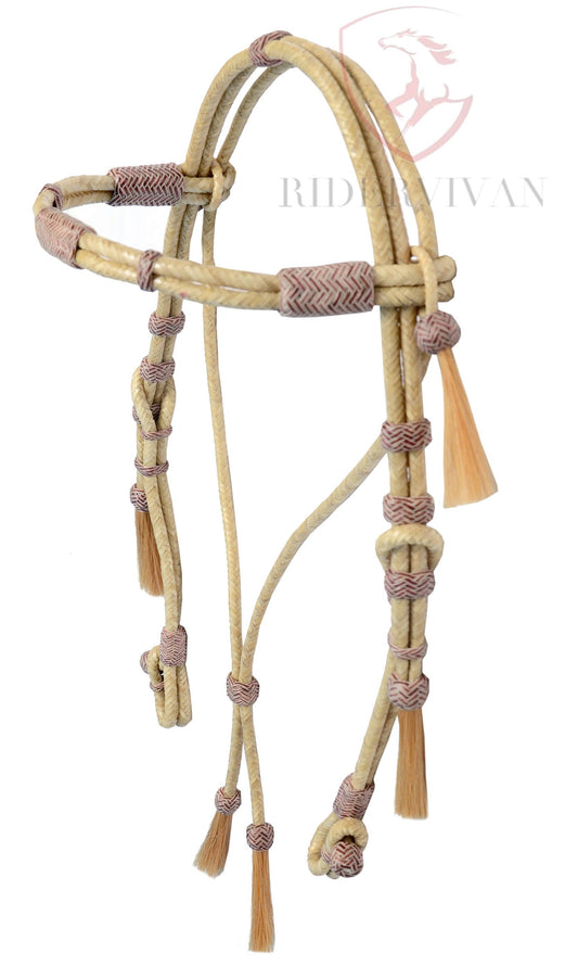 Hand-Crafted Natural Rawhide and Brown Knotted 16 Plaits Headstall with Mane Horse Hair Tassle.
