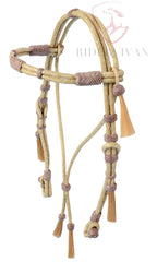 Hand-Crafted Natural Rawhide and Brown Knotted 16 Plaits Headstall with Mane Horse Hair Tassle.