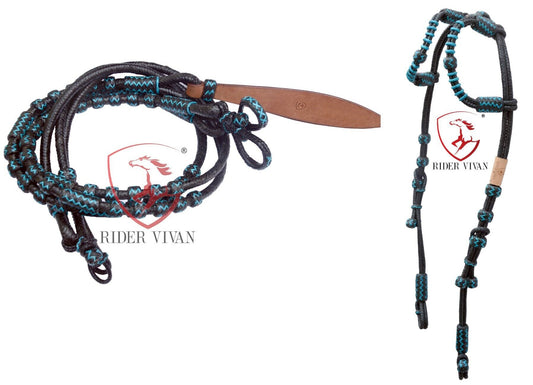 Black Rawhide Romal Reins With Two Ear Headstall, 20 Plaits Romel Reins, Romal Reins 55" With Two Ear Headstall, Hand-Braided Headstall.
