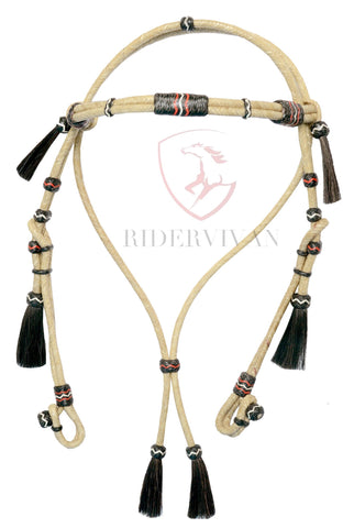 Hand-Crafted Headstall, Natural Rawhide Headstall, Black Knotted 16 Plaits Headstall, Mane Horse Hair Tassels Headstall.