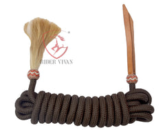 Handmade Bosal Set, 40 Plaits Rawhide Natural & Chestnut Cherry Bosal Set, Bosal Set With Brown Nylon Mecate Rein With Horse Hair Tassel.