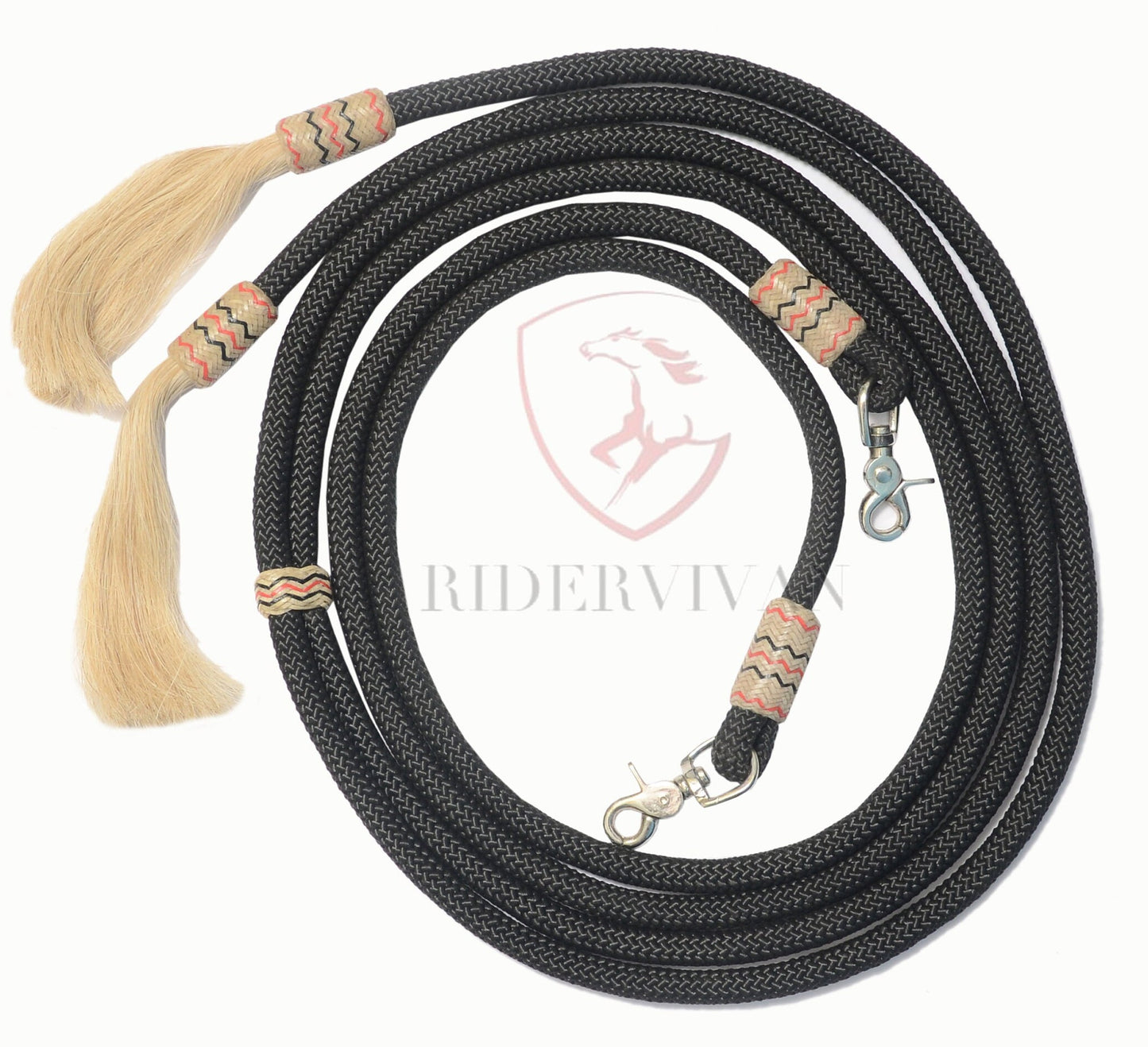 Nylon Split Reins With Knot, Black Polyester Split Reins with Snaps, Split Reins With Horse Hair Tassels.