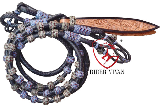 Romel Reins 10 plait Regular 55", Brown Soft Leather Romal Reins, Romel Romal Reins with Connectors, Romal Reins Multicolor Decorated Knot.