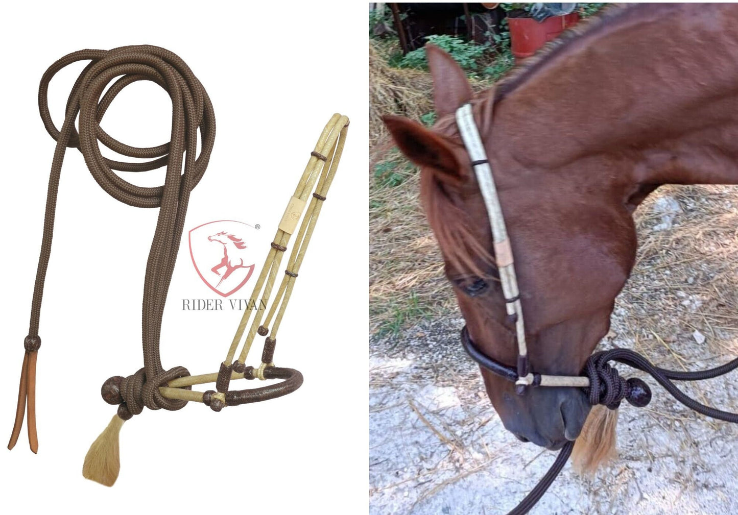 Handmade Bosal Set, Rawhide Bosal Set 40 Plaits, Bosal Set Natural & Dark Brown, Bosal Set Brown Nylon Mecate Reins.