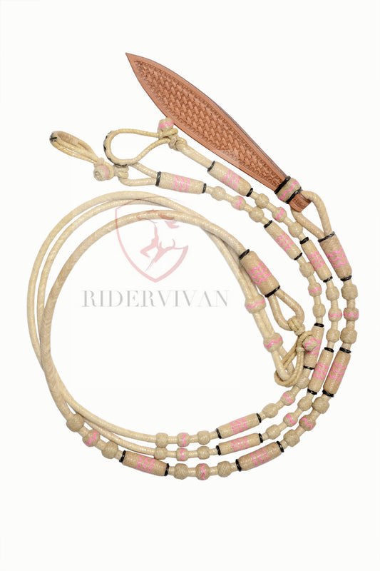 Romal Reins Natural Cow Rawhide, 20 Plaits Romel Reins, Romal Reins Regular 55" With Reins Connectors, Specially Hand-Crafted Braided Reins.