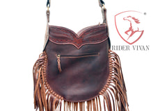 Cow Leather Fringe Bag, Crossbody Bag with Turquoise Stone, Country Western Cowgirl Gypsy Bag, Hand Tooled Leather, 11" x 13"