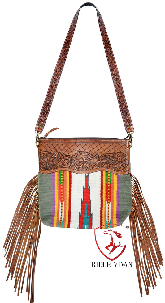 Genuine Leather Cowhide Bag, Hand Tooled Fringe Bag, Western Women’s Purse Bag, Crossbody Bag