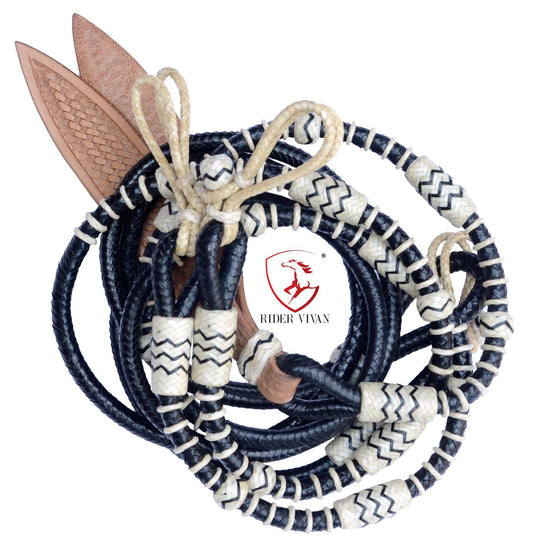 New Hand Braided Black & Natural Rawhide Rommel Reins, Show Romel Romal Reins Horsetack Black.