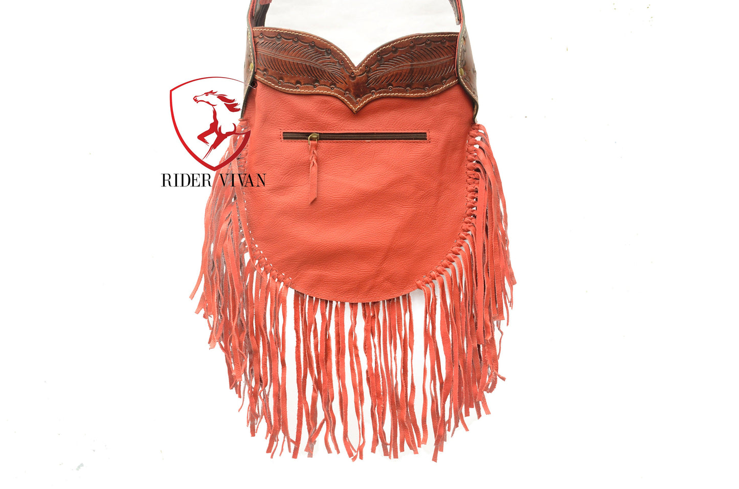 Western Bag Crossbody- Red Leather Fringe with Turquoise Stone & Hand Tooled Leather Bag.