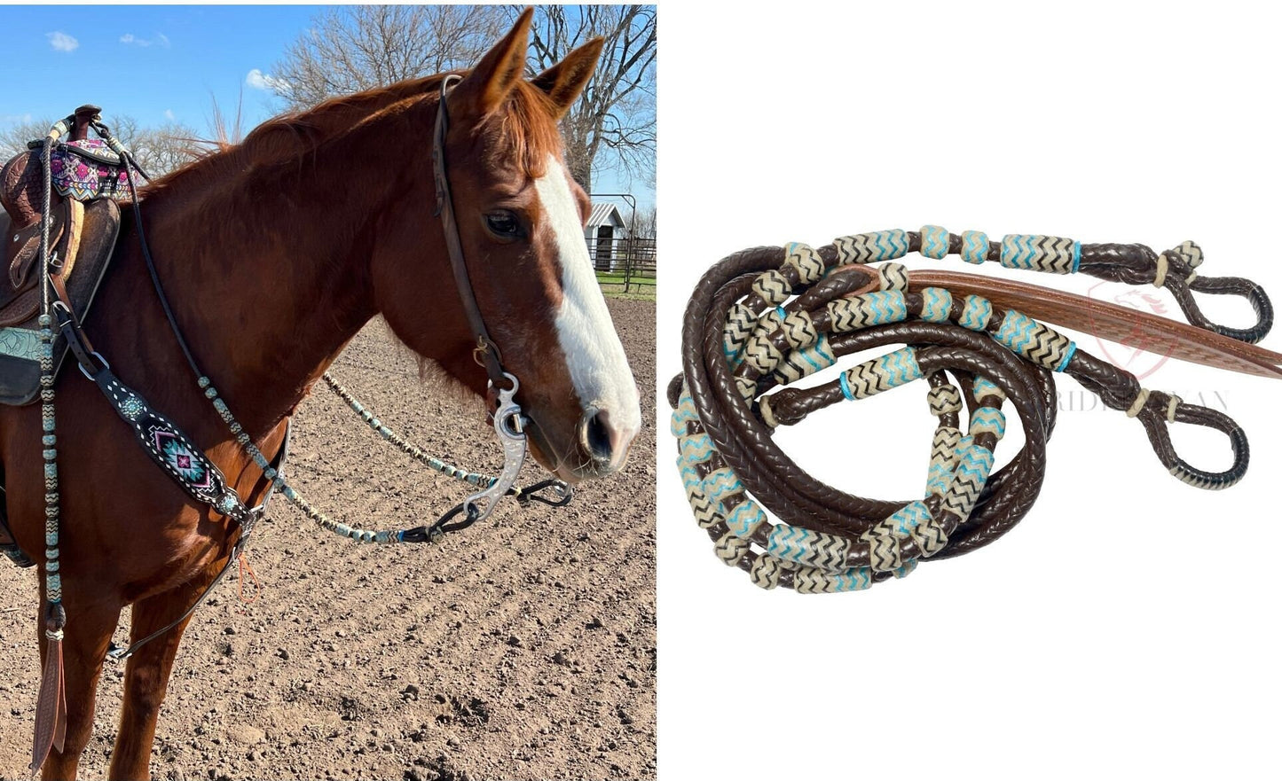 Romel Reins 10 plait Regular 55", Brown Soft Leather Romal Reins, Romel Romal Reins with reins connectors.
