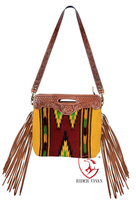 Genuine Leather Cowhide Hand Tooled Fringe Western Women’s Purse Bag Cross body