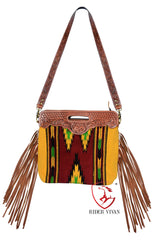 Genuine Leather Cowhide Hand Tooled Fringe Western Women’s Purse Bag Cross body