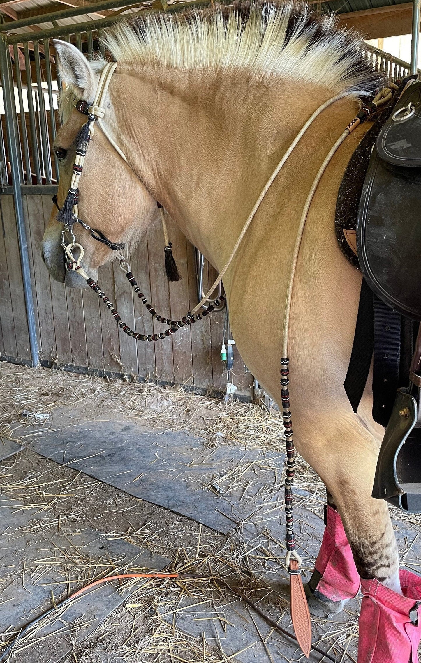 Romel Reins 20 plait With Rawhide Headstall, Regular 55" Rawhide Romal Reins, Natural & Black Rawhide Romal Reins With Headstall.