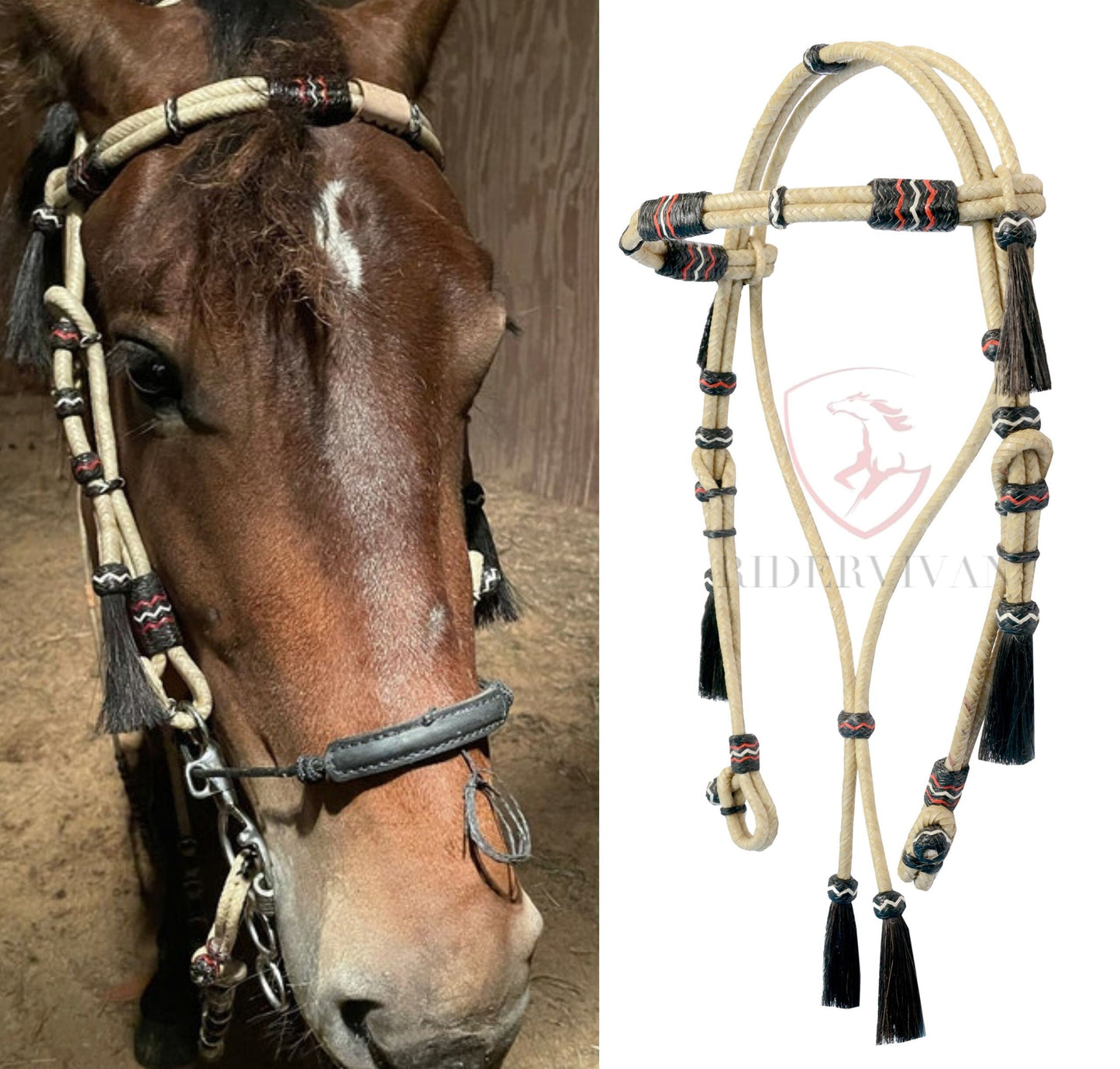 Romel Reins 20 plait With Rawhide Headstall, Regular 55" Rawhide Romal Reins, Natural & Black Rawhide Romal Reins With Headstall.