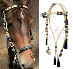 Romel Reins 20 plait With Rawhide Headstall, Regular 55" Rawhide Romal Reins, Natural & Black Rawhide Romal Reins With Headstall.