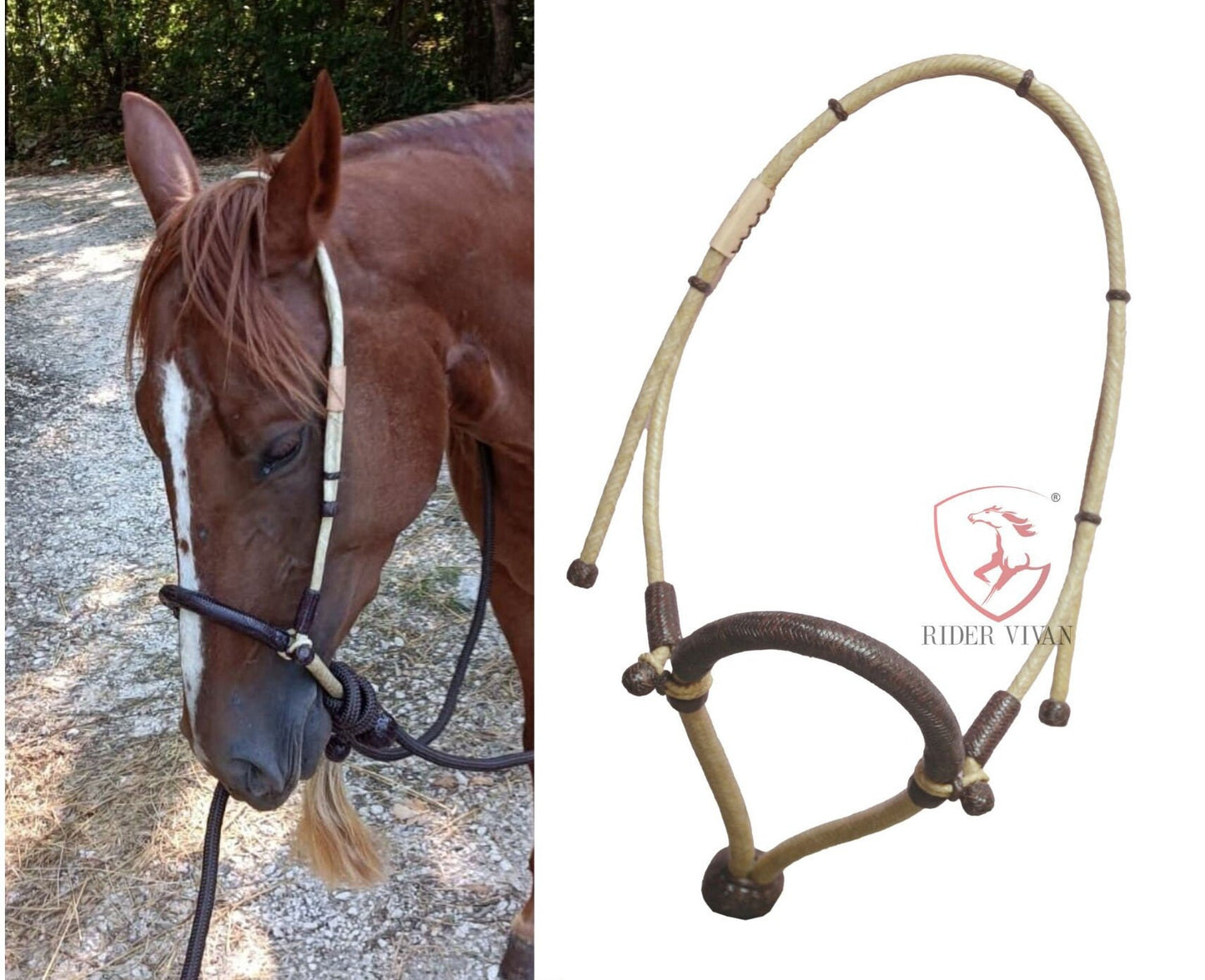 Handmade Bosal Set, Rawhide Bosal Set 40 Plaits, Bosal Set Natural & Dark Brown, Bosal Set Brown Nylon Mecate Reins.