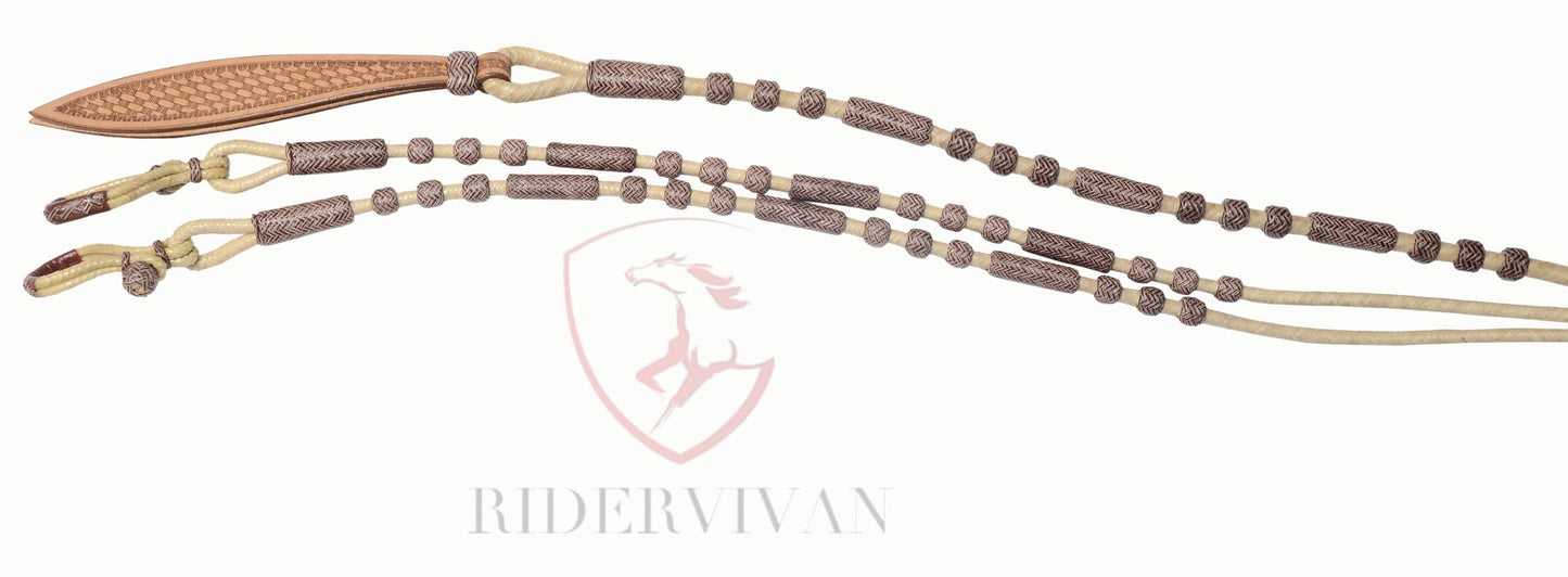 20 Plaits Romal Reins, 55" Romal Reins, Hand-Braided Romel Reins, Romel Reins Natural & Chestnut Cherry Rawhide,
