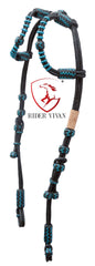 Black Rawhide Romal Reins With Two Ear Headstall, 20 Plaits Romel Reins, Romal Reins 55" With Two Ear Headstall, Hand-Braided Headstall.