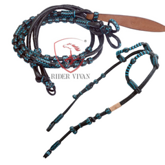 Black Rawhide Romal Reins With Two Ear Headstall, 20 Plaits Romel Reins, Romal Reins 55" With Two Ear Headstall, Hand-Braided Headstall.