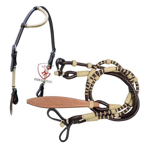 Hand-Braided Romal Reins With Headstall, Romal Reins With One Ear Headstall, Romal Reins 10 Plaits, Romal Reins 55" with rein connectors,