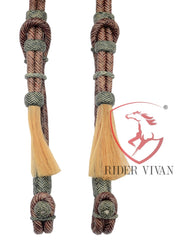 Handcrafted Headstall, Chestnut Rawhide and Black Knotted Headstall, 16 Plaits Headstall, Mane Horse Hair Tassels Headstall.