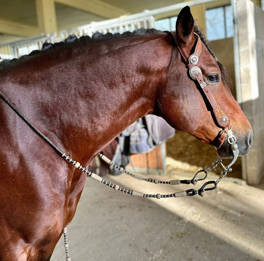 Hand-Braided Romal Reins, Romal Reins California Style, Romal Reins 10 Plaits, Romal Reins Regular 55" with rein connectors,