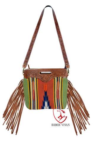 Genuine Leather Cowhide Hand Tooled Fringe Western Women’s Purse Bag Cross body