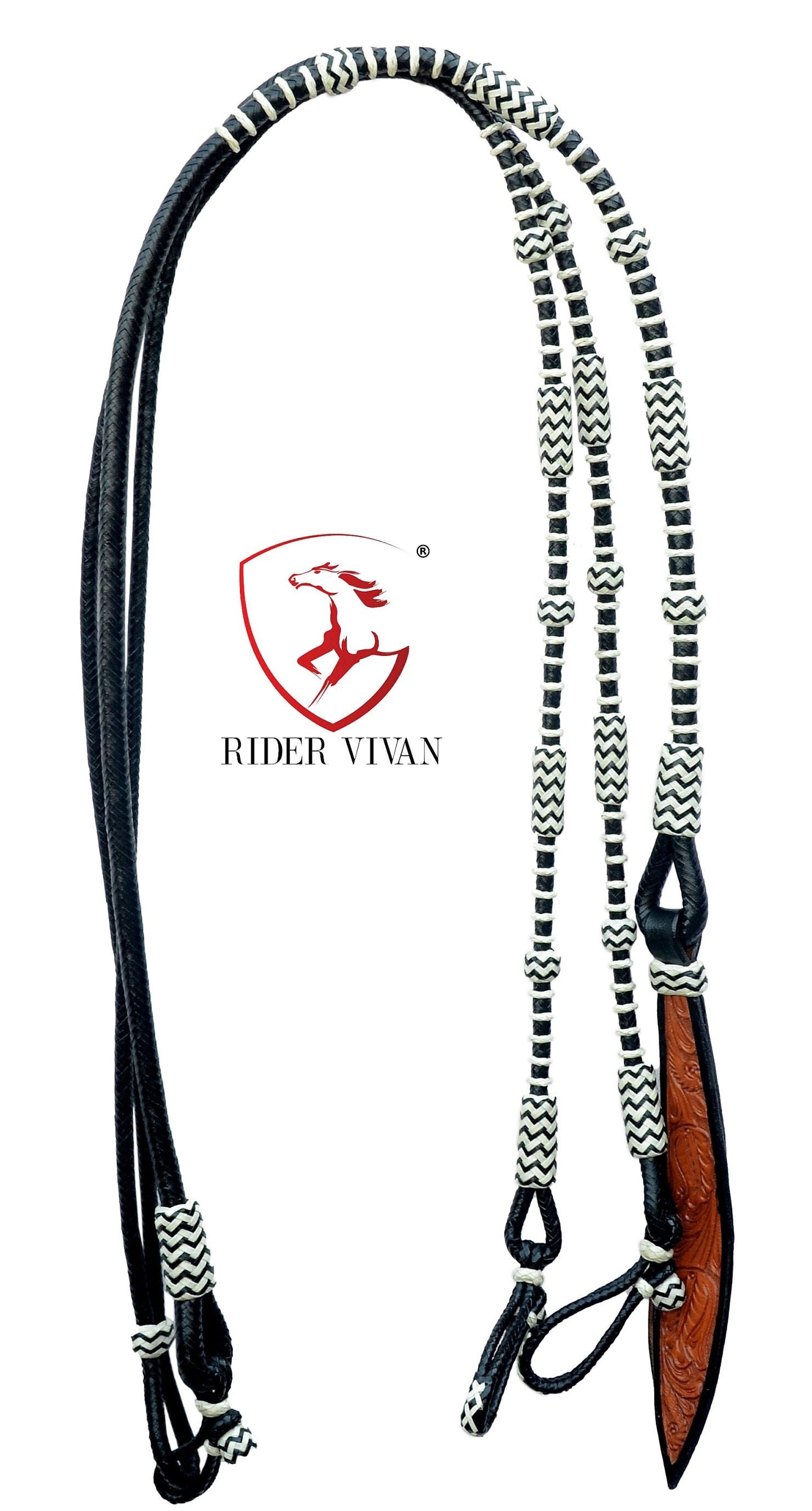 10 Plaits Soft Leather Rommel Reins, Black Rawhide Knot and White Weaving Reins, 55"  Reins With Connectors, Hand Braided Romal Reins.