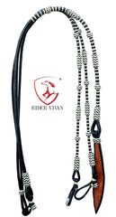 10 Plaits Soft Leather Rommel Reins, Black Rawhide Knot and White Weaving Reins, 55"  Reins With Connectors, Hand Braided Romal Reins.