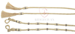 Horse Split Reins, Split Reins Natural Rawhide & Dark Brown Weaving, Split Reins With Horse Hair Tassels, Hand Braided Split Reins.