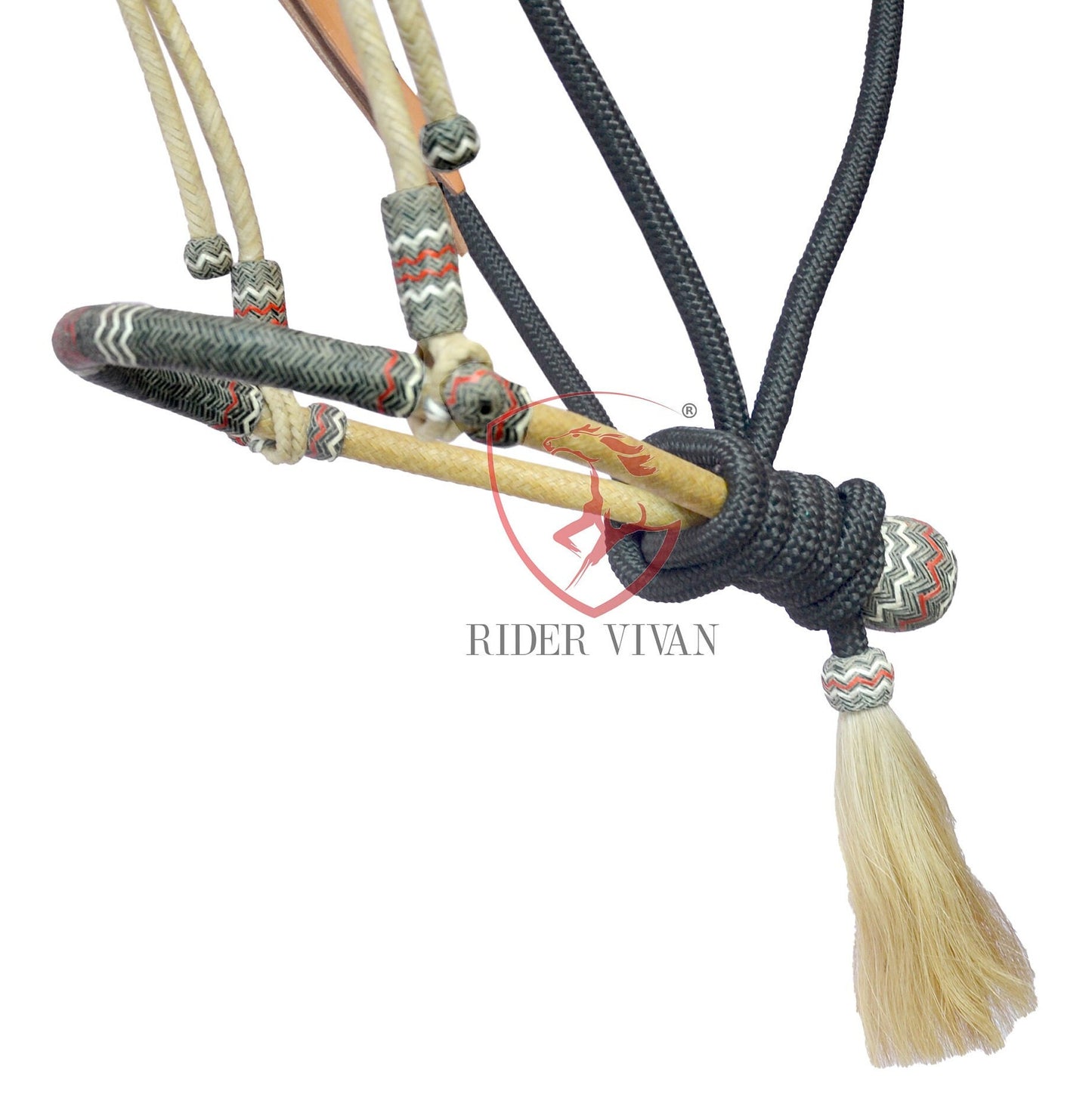 Handmade Bosal Set, 40 Plaits Rawhide Natural & Black Bosal Set, Bosal Set With Black Nylon Mecate Rein.