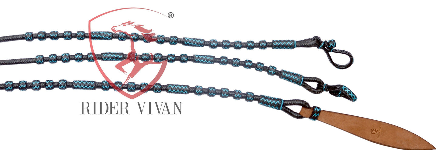 Black Rawhide Romal Reins With Two Ear Headstall, 20 Plaits Romel Reins, Romal Reins 55" With Two Ear Headstall, Hand-Braided Headstall.