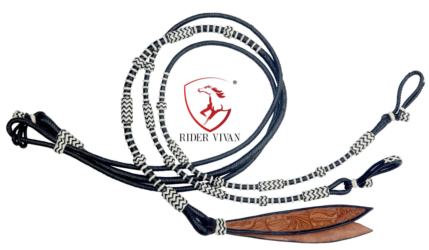 10 Plaits Soft Leather Rommel Reins, Black Rawhide Knot and White Weaving Reins, 55"  Reins With Connectors, Hand Braided Romal Reins.