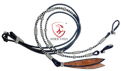 10 Plaits Soft Leather Rommel Reins, Black Rawhide Knot and White Weaving Reins, 55"  Reins With Connectors, Hand Braided Romal Reins.