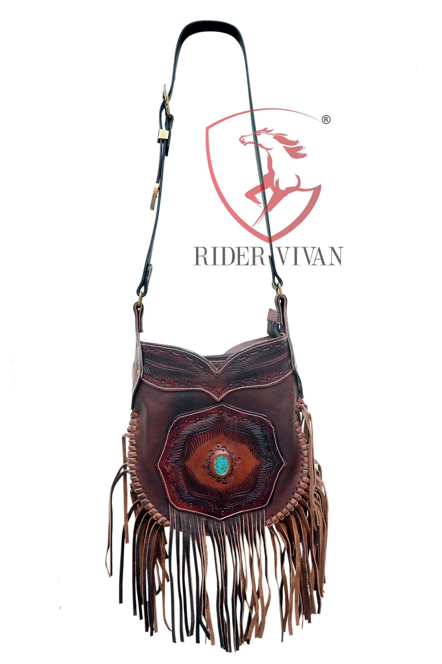 Cow Leather Fringe Bag, Crossbody Bag with Turquoise Stone, Country Western Cowgirl Gypsy Bag, Hand Tooled Leather, 11" x 13"