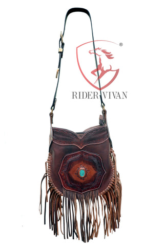 Cow Leather Fringe Bag, Crossbody Bag with Turquoise Stone, Country Western Cowgirl Gypsy Bag, Hand Tooled Leather, 11" x 13"