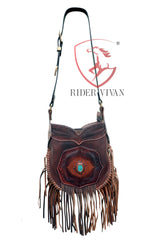 Cow Leather Fringe Bag, Crossbody Bag with Turquoise Stone, Country Western Cowgirl Gypsy Bag, Hand Tooled Leather, 11" x 13"