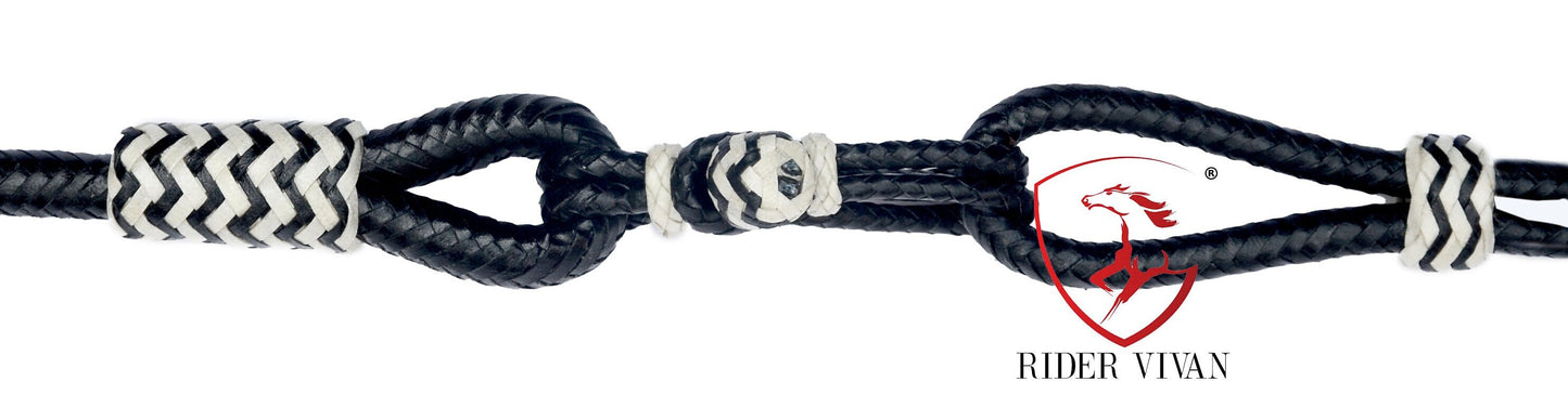10 Plaits Soft Leather Rommel Reins, Black Rawhide Knot and White Weaving Reins, 55"  Reins With Connectors, Hand Braided Romal Reins.