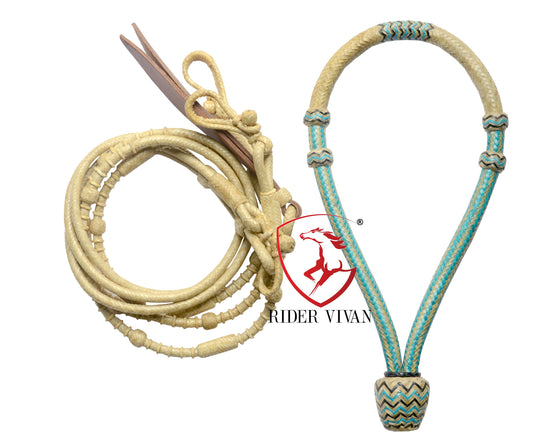 COMBO OFFER! Turquoise And Natural Designer Bosal & Natural Rawhide Romal Reins