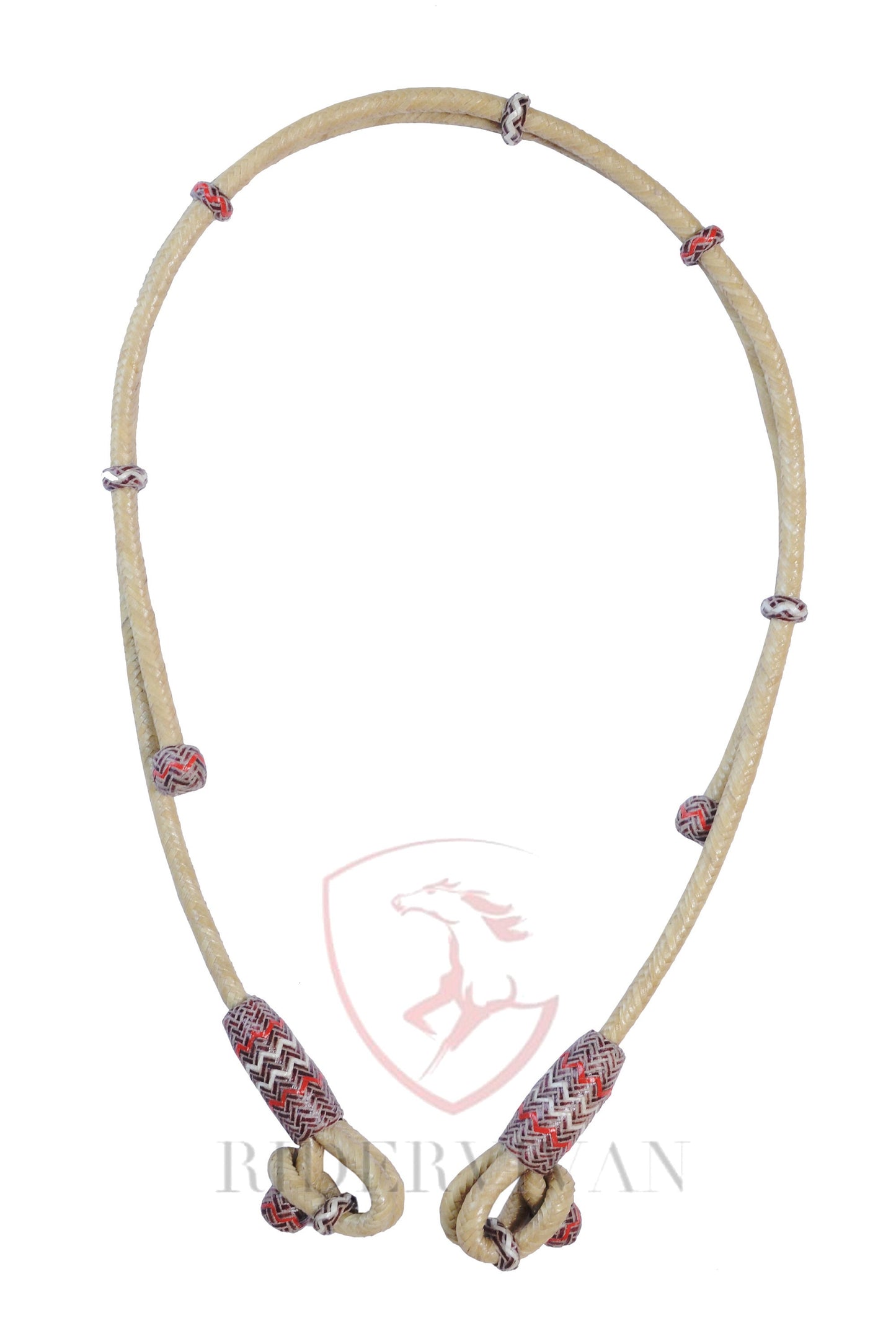 Handmade Bosal Set, 40 Plaits Rawhide Natural & Chestnut Cherry Bosal Set, Bosal Set With Brown Nylon Mecate Rein With Horse Hair Tassel.